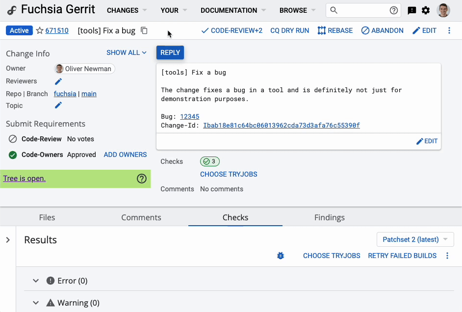 demonstration of setting Fuchsia-Auto-Submit +1 in Gerrit