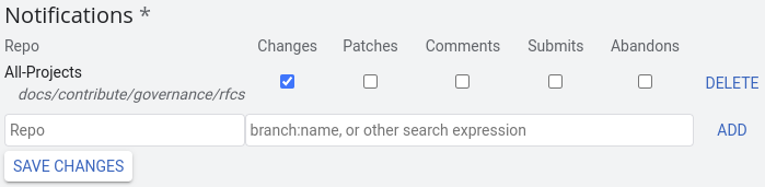 Gerrit 设置屏幕截图，展示了上述内容