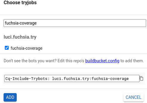 Gerrit screenshot of adding fuchsia-coverage