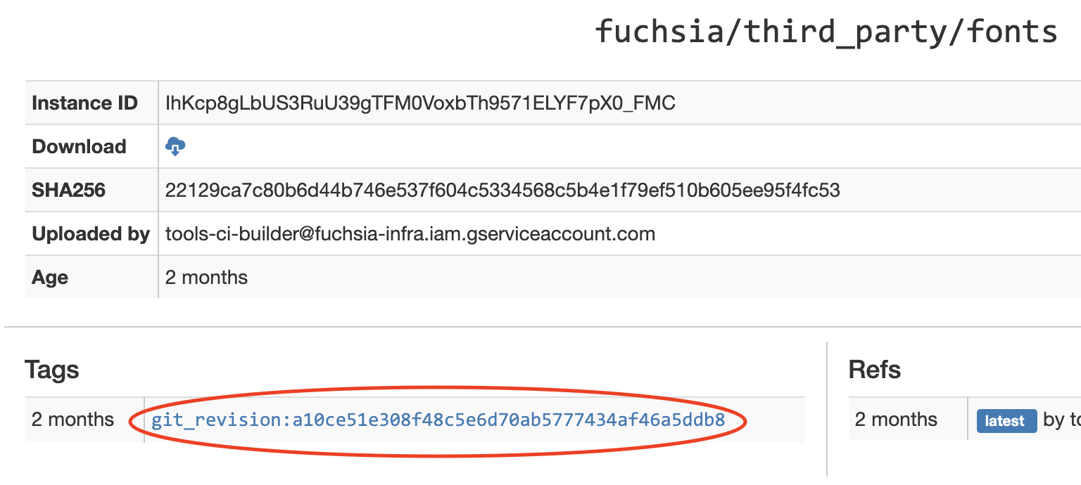 Screenshot of fuchsia/third_party/fonts CIPD package, highlighting the instance's tag, which starts with the prefix 'git_revision:'