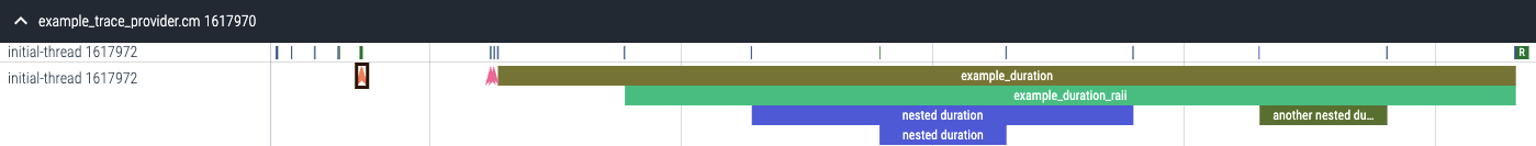 A screenshot of the Perfetto trace viewer showing a timeline of events, with
the time from left to right. The top bar shows the text
"example_trace_provider.com 1617970". Below that, the timeline is split into two
sections, "initial-thread 1617972". Each of these has a bar showing the duration
of the event that is associated with each thread. Duration events with different
names are displayed with different colors: olive, green, blue, and dark green.
The duration events are stacked downwards, so the shorter durations are
contained within the larger duration above them.