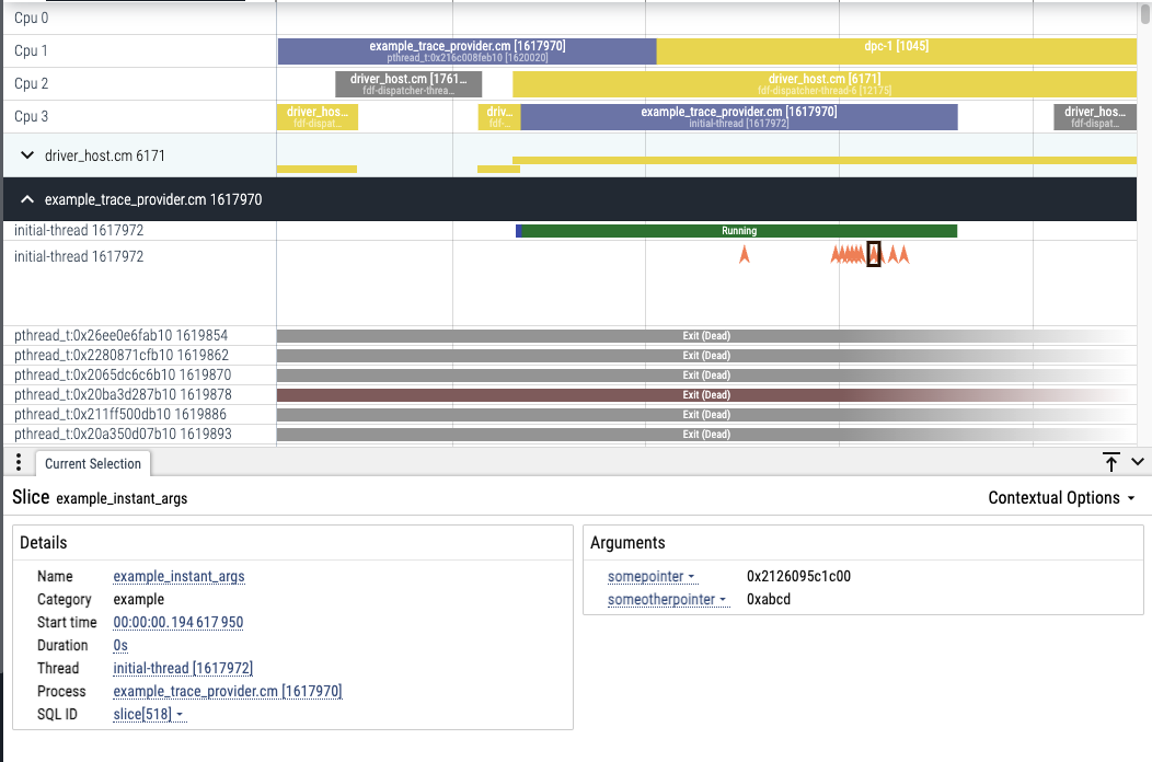 A screenshot of the Perfetto trace viewer displaying the trace of a process
that is executing on multiple CPUs (CPU 0, CPU 1, CPU 2, and CPU 3). The event
is emitted at the 00:00:00.194617950 and shows a duration of 0s as it is an
instant event. The process is called `example_trace_provider.cm`.