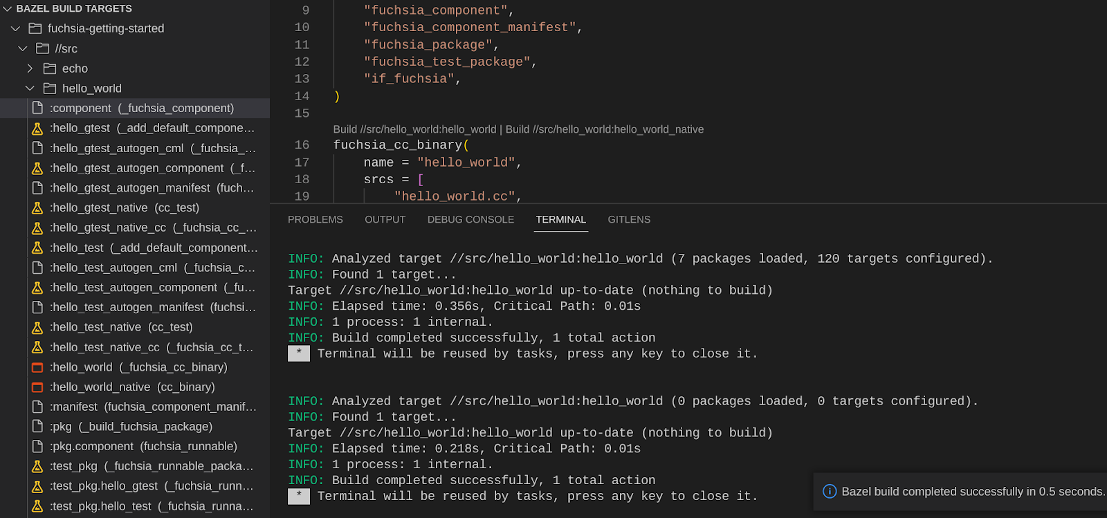 This figure shows a successful Bazel build in VS Code.