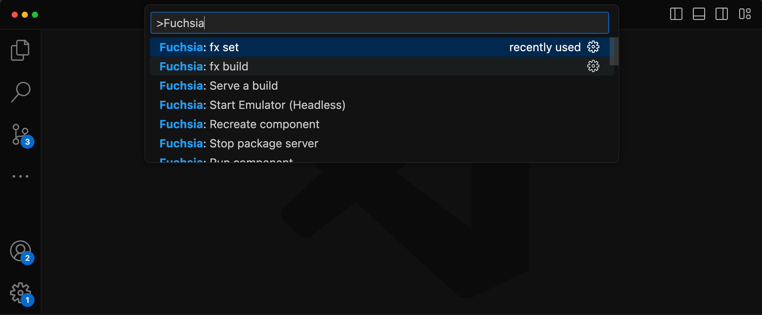 This figure shows Fuchsia commands with the command palette.