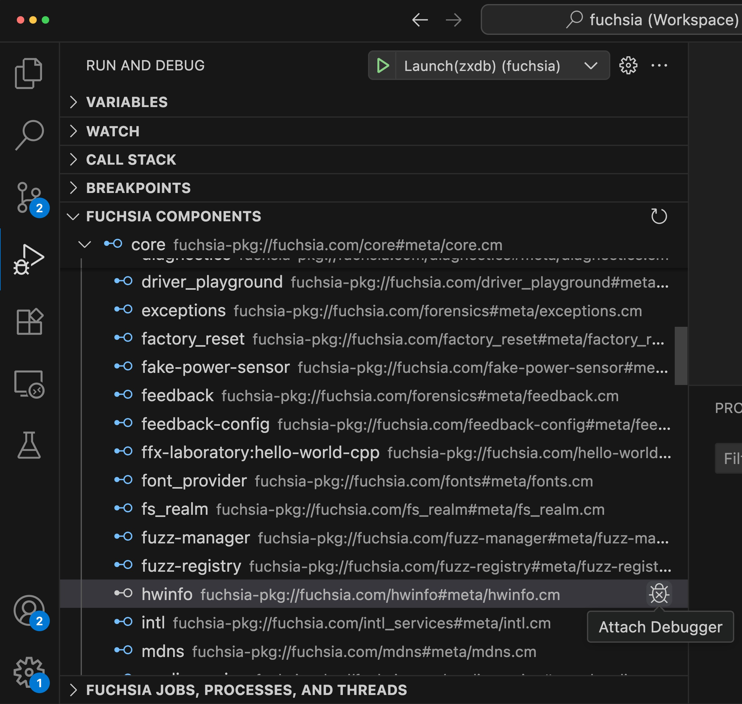 這張圖顯示 Fuchsia 擴充功能中的 Fuchsia 元件清單。