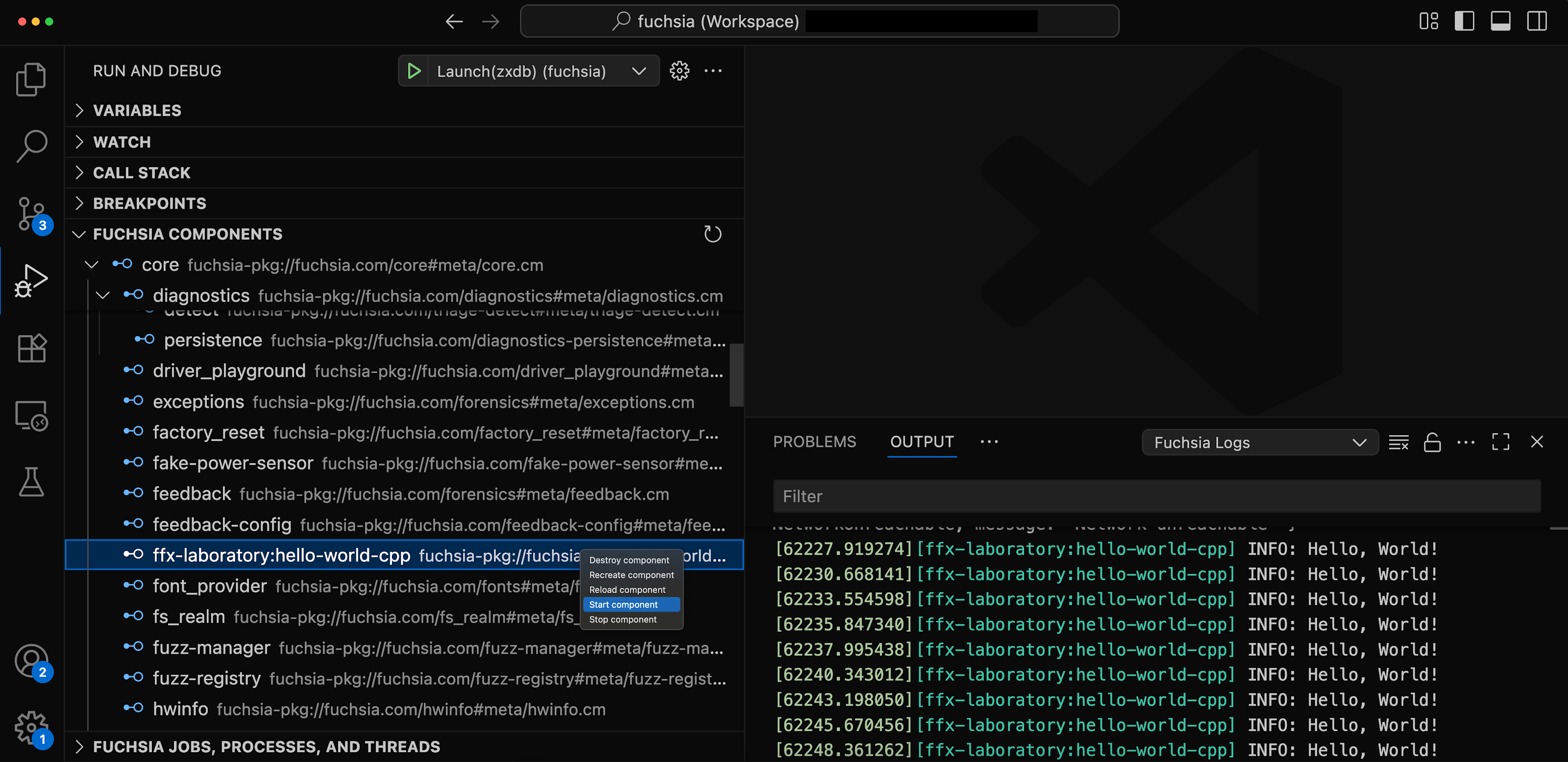 This figure shows component start on 'hello world' and the log response.