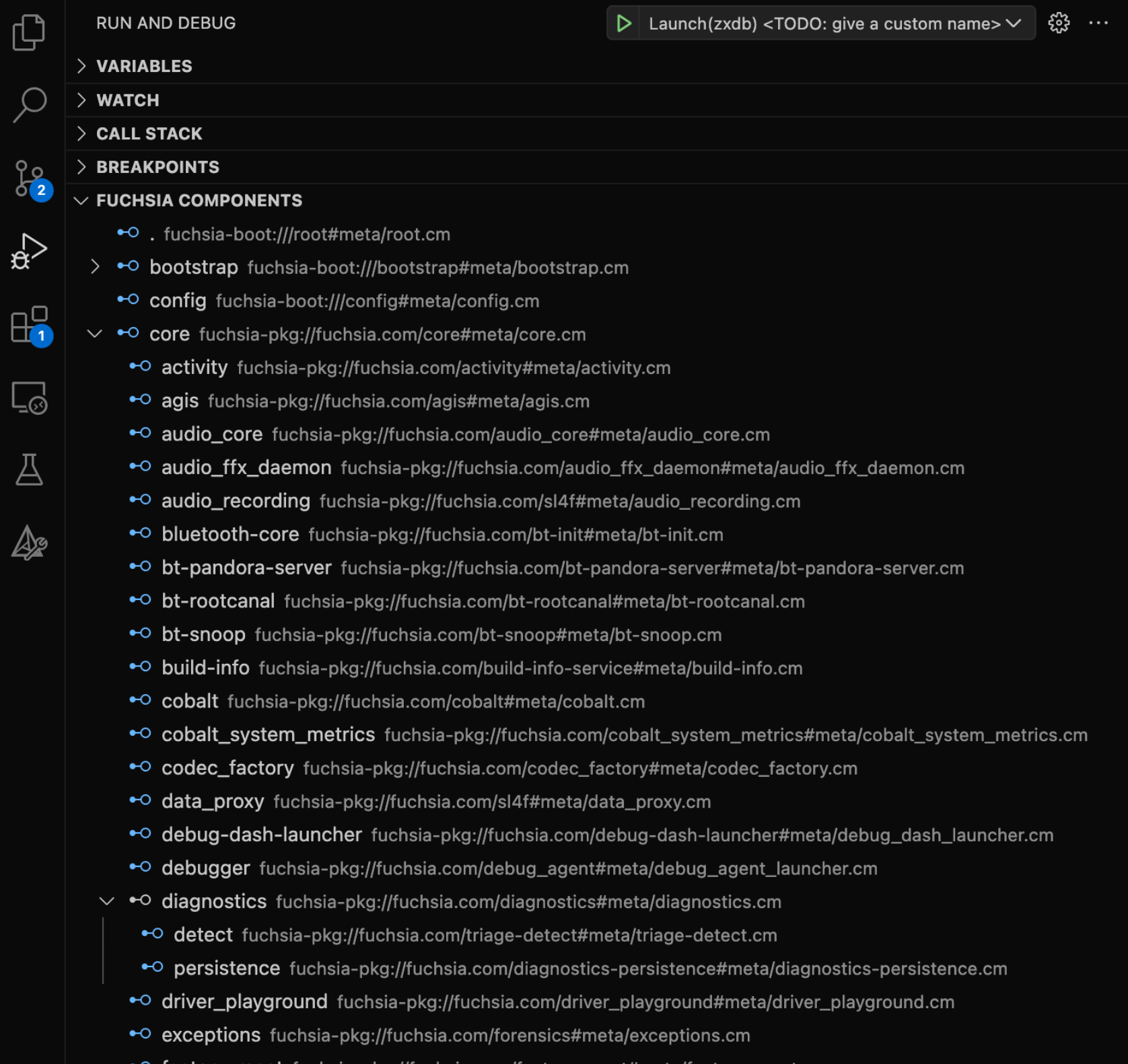 This figure shows the Fuchsia component list in the Fuchsia extension.