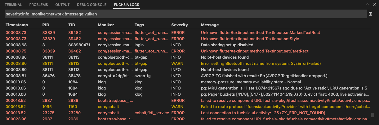 This figure shows the Fuchsia logs from the Fuchsia extension.
     There is a filter to see all INFO severity logs that don't include any
     network or vulkan component monikers.
