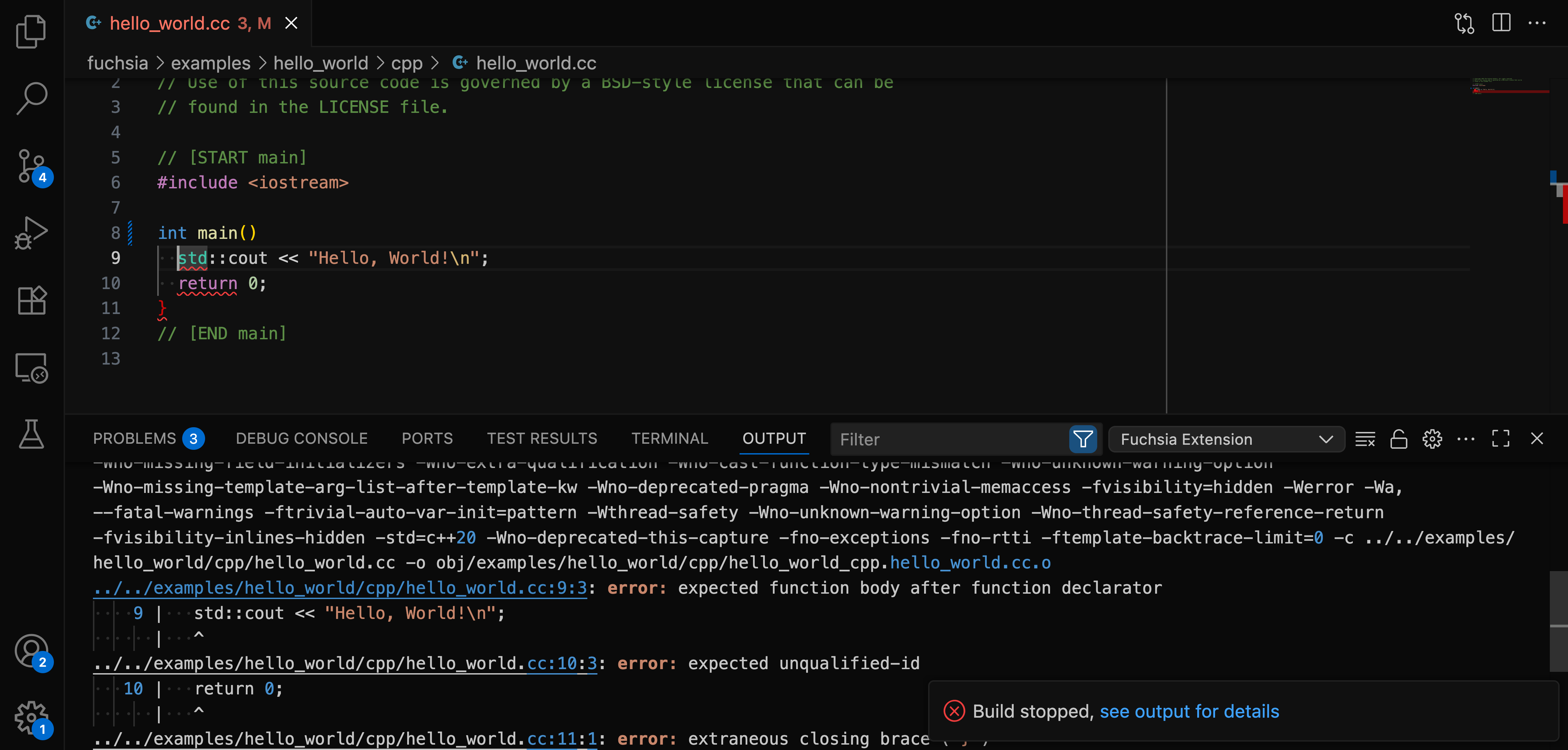 This figure shows the fx build error in the output and occurrence in the file.