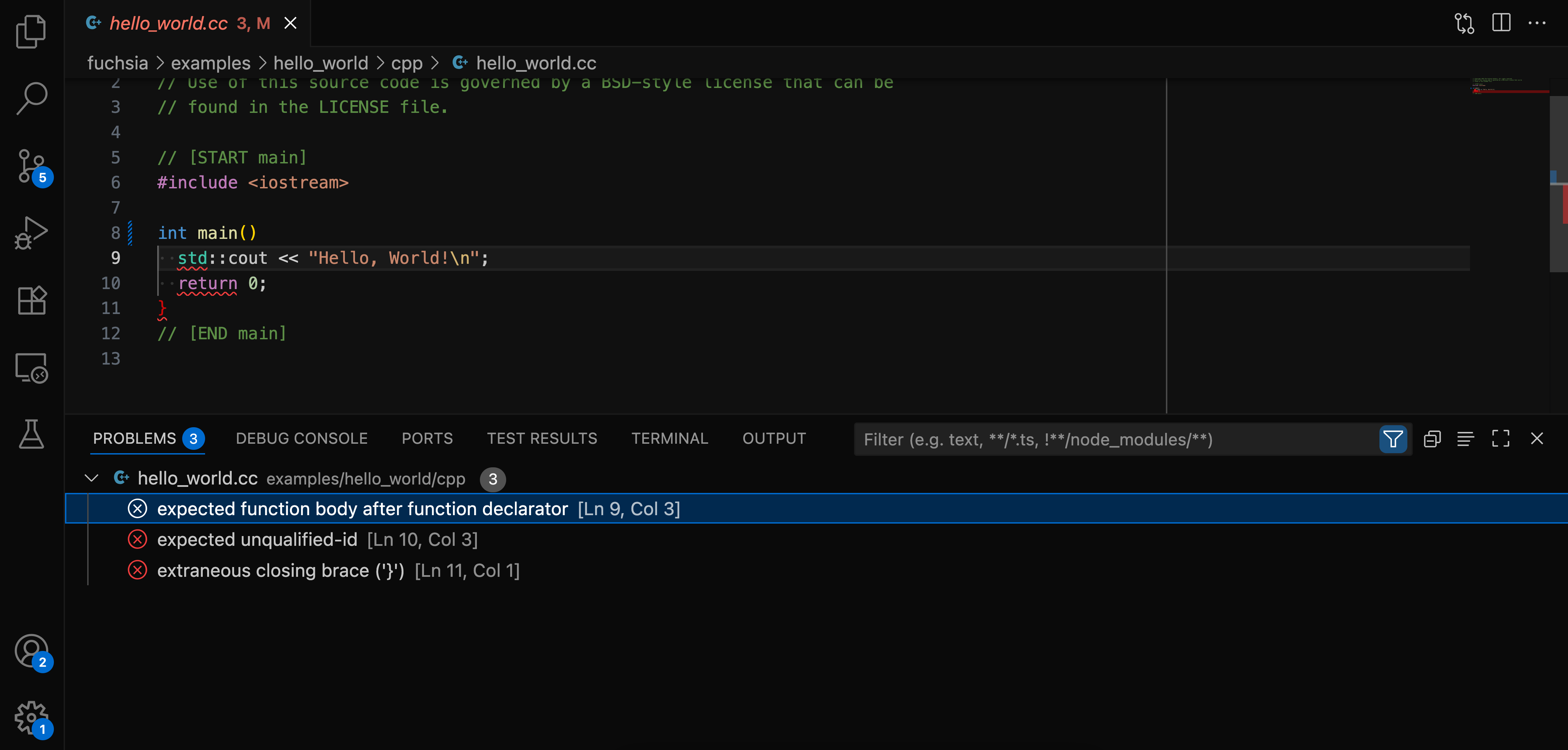 This figure shows the fx build error in the output and occurrence in the file.