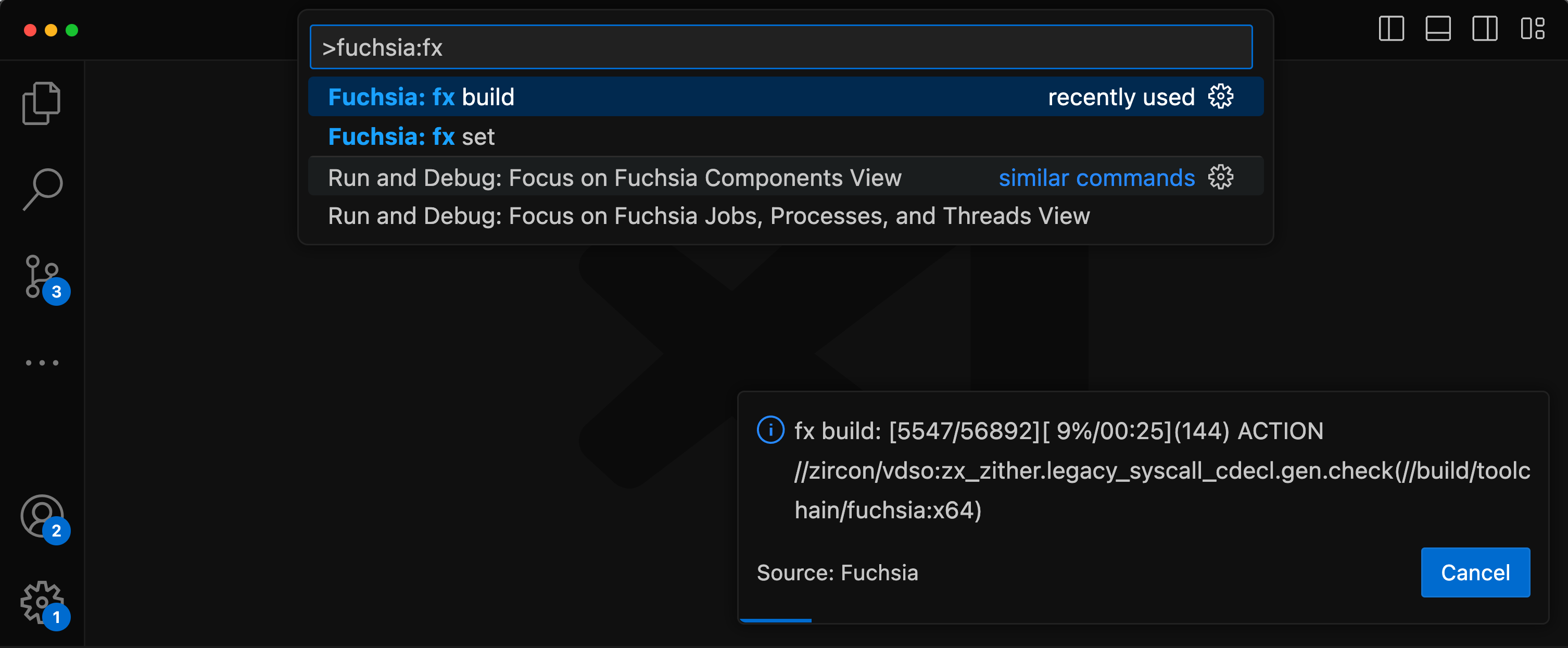 This figure shows fx build in the command palette and build progress.