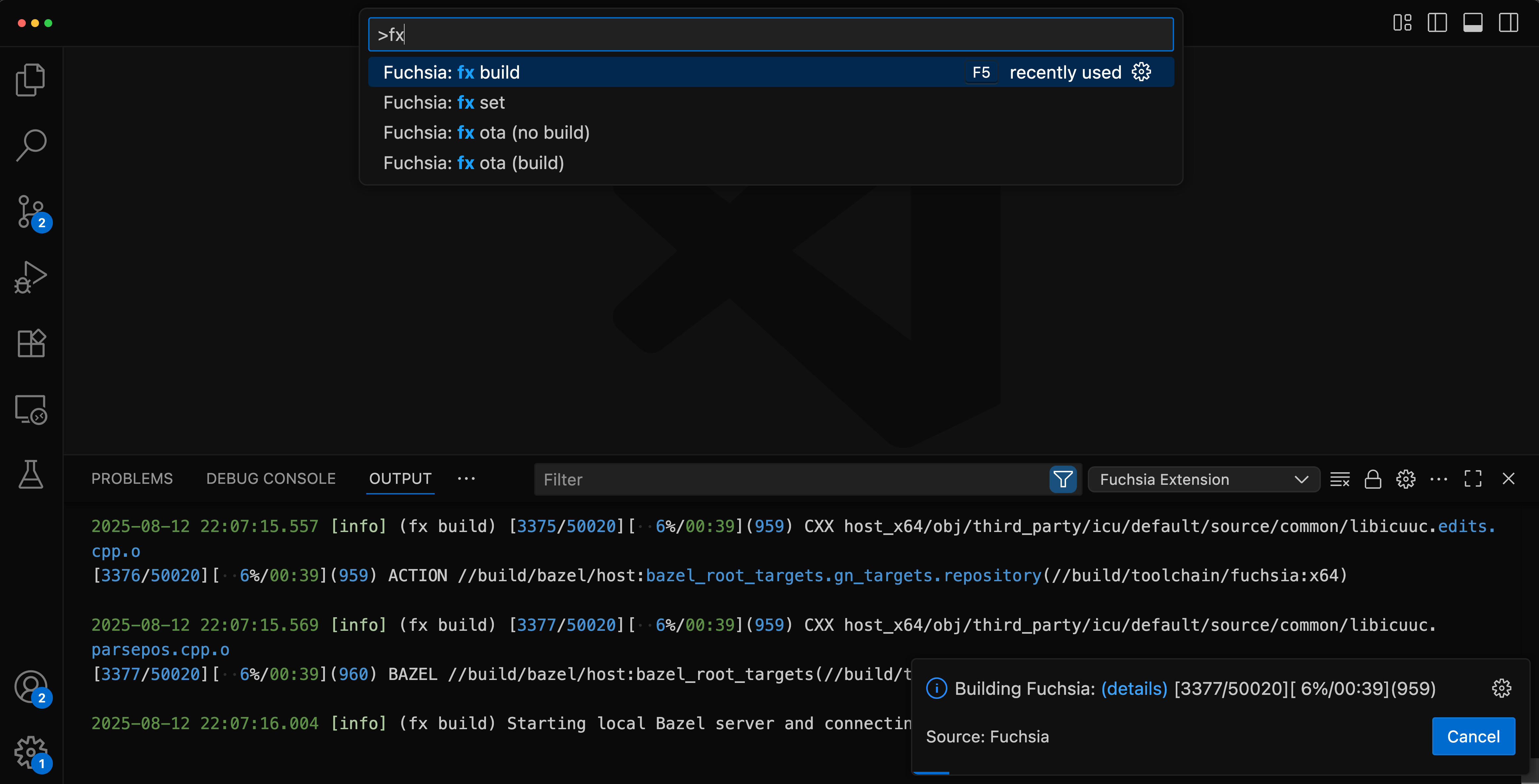 This figure shows fx build in the command palette and build progress.