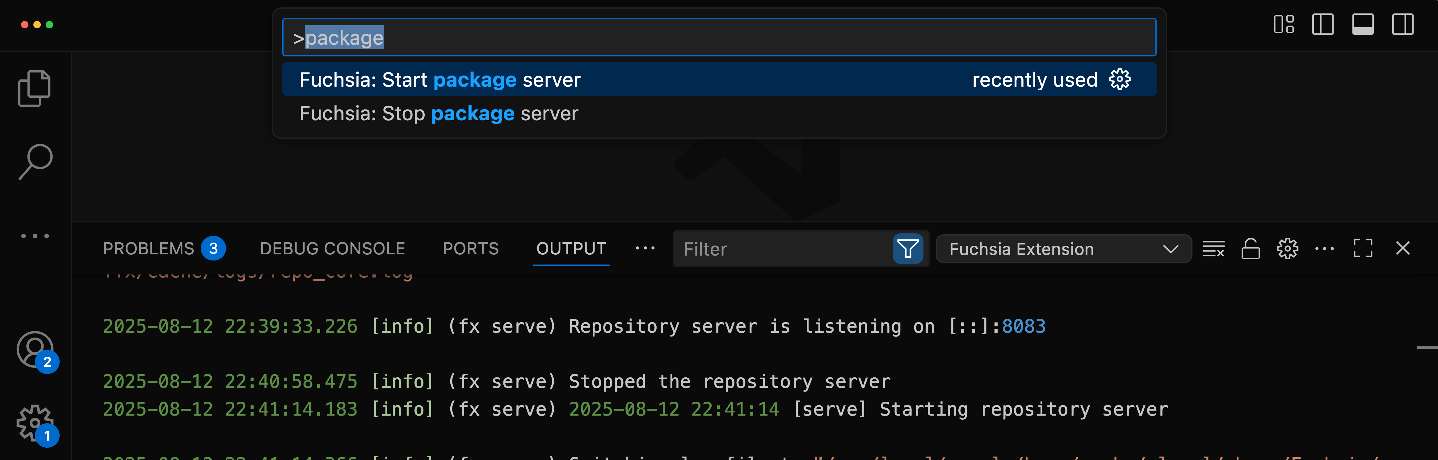 This figure shows the commands to start and stop a package server.