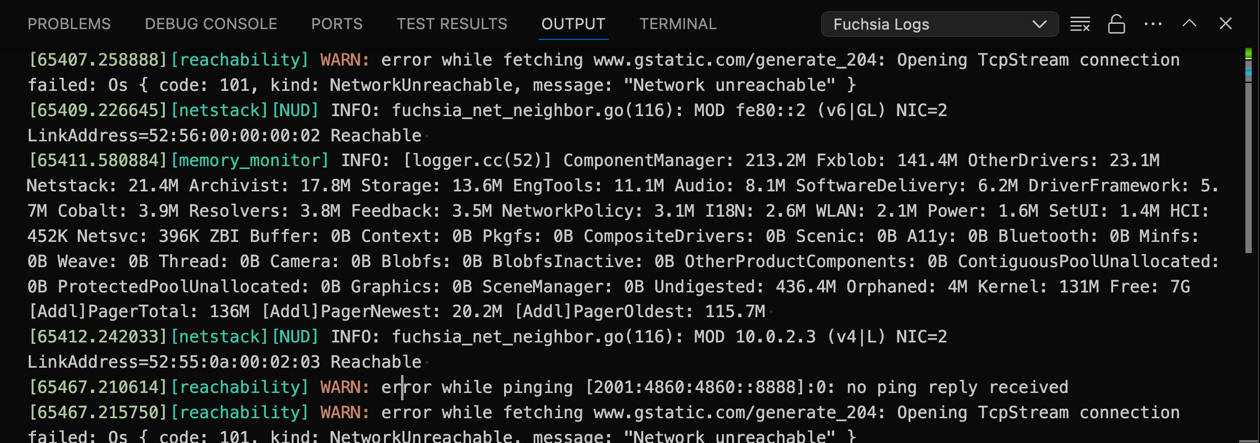 此图显示了输出标签页中来自 Fuchsia 扩展程序的日志。