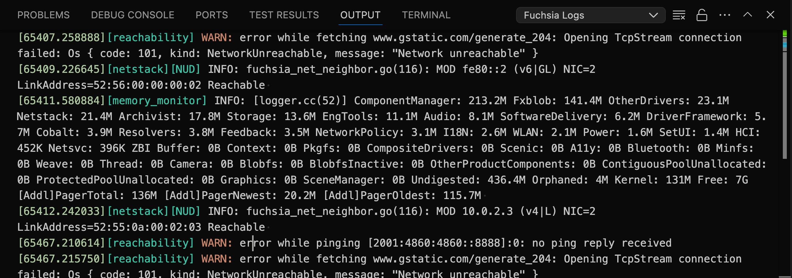 This figure shows logs from the Fuchsia extension in the output tab.