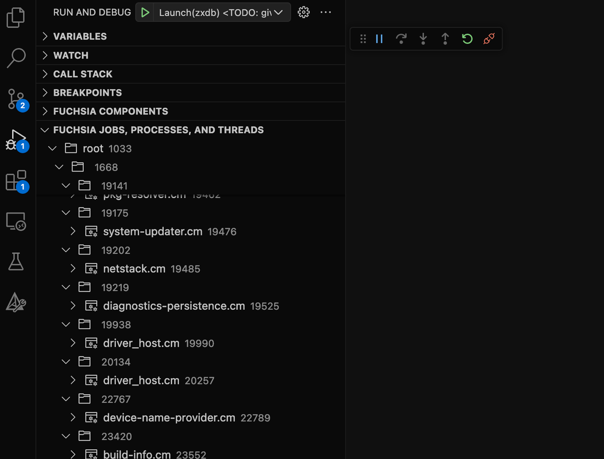 This figure shows the Fuchsia task explorer in the Fuchsia extension.