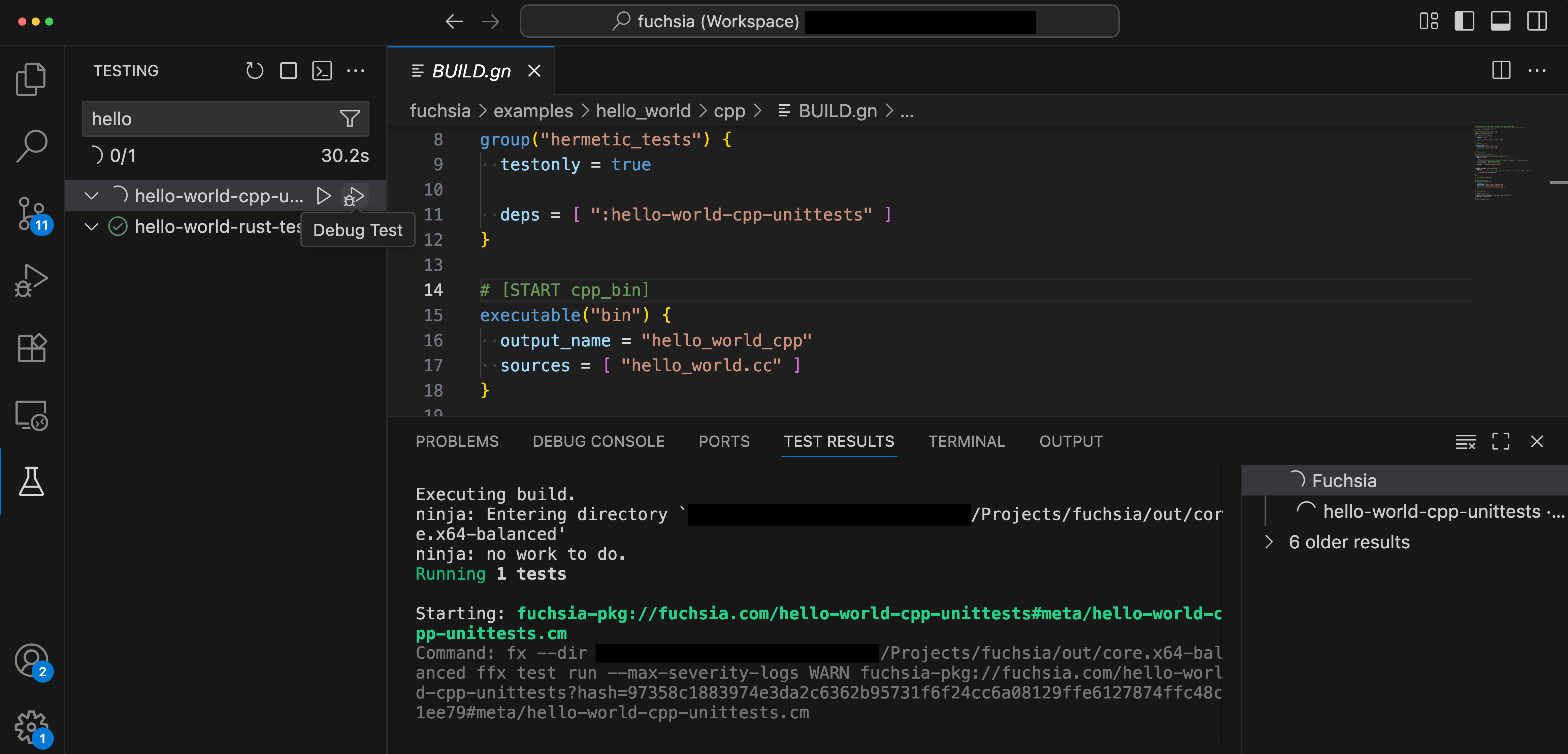 This figure shows the Fuchsia tests in the extension.