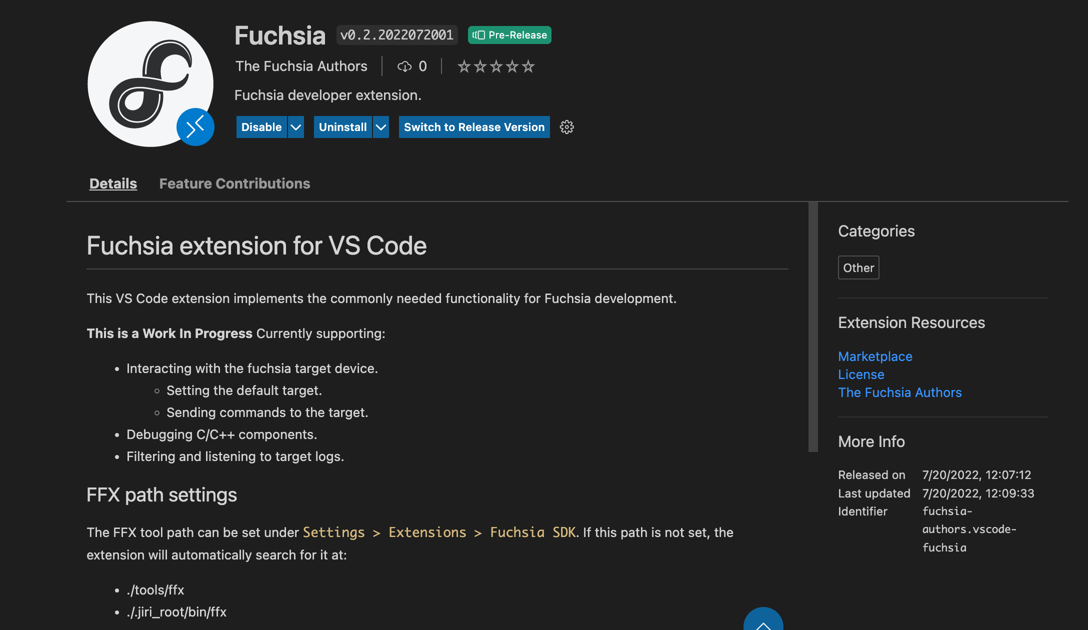 這張圖片顯示 Visual Studio Code 市集中的 Fuchsia 開發人員擴充功能圖片