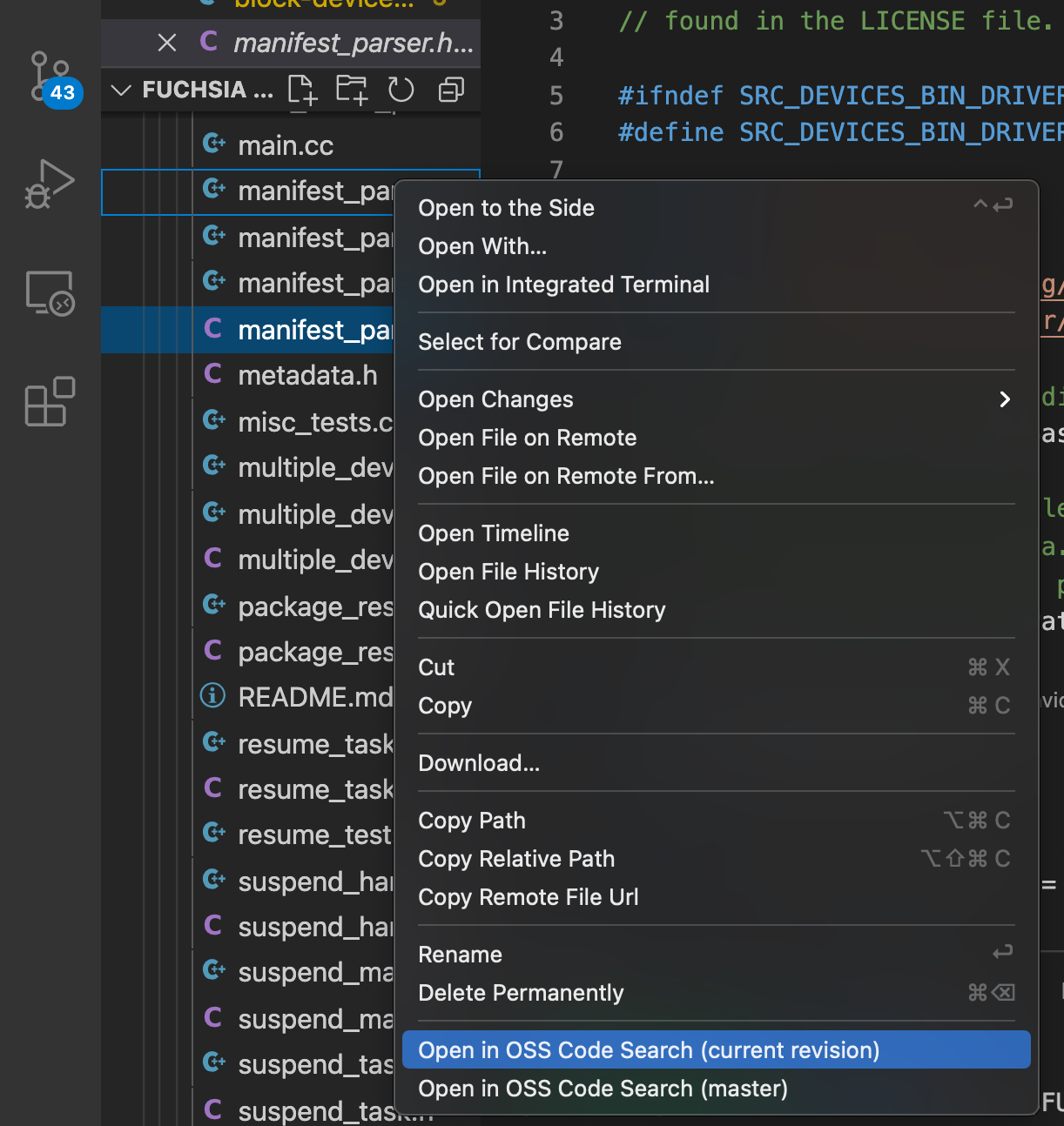 This figure shows the VS Code menu to open a file in OSS code search.