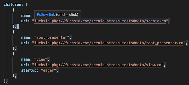 此图显示了 VS Code 中指向 fuchsia-pkg 网址的超链接。