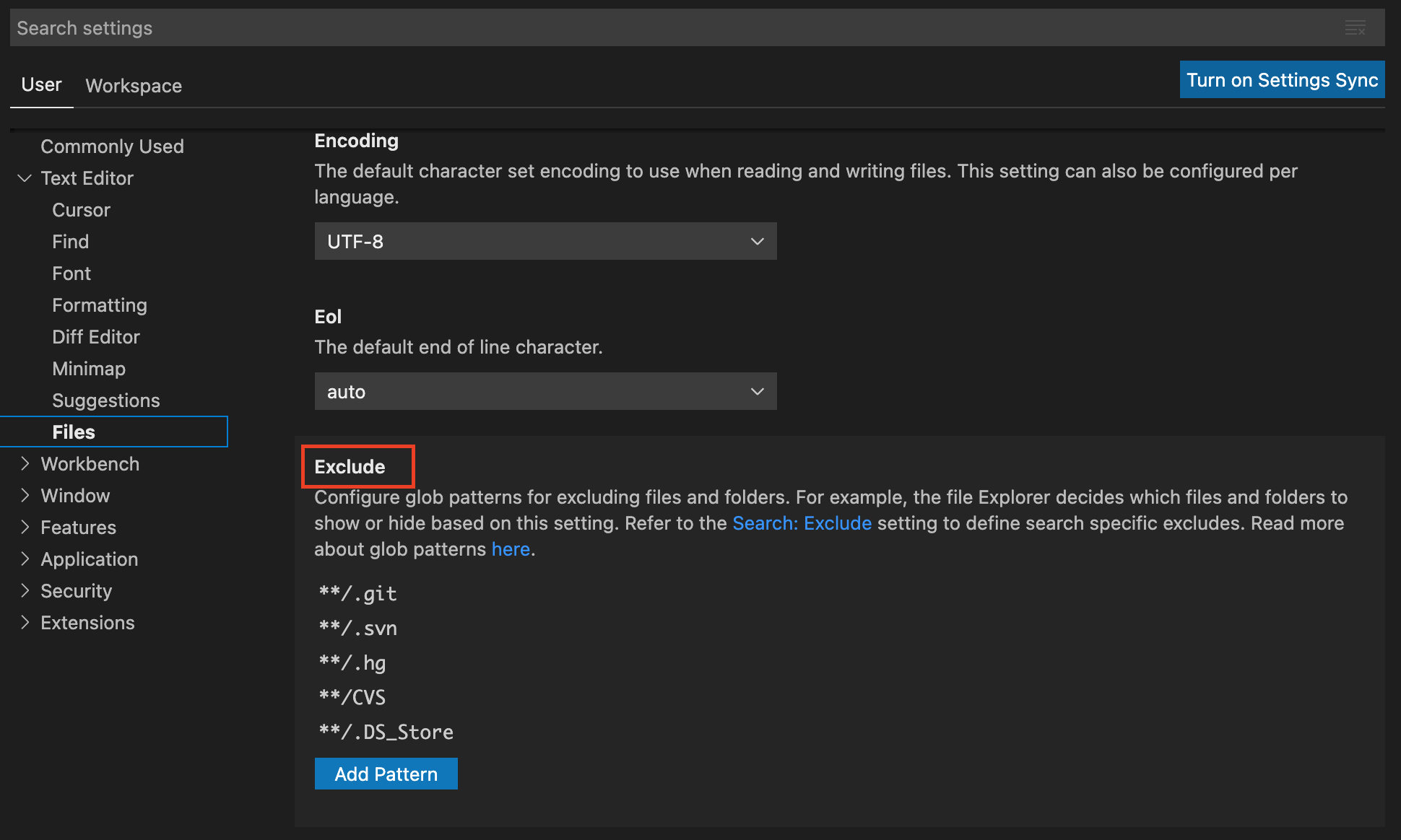 This figure highlights VS Code's GUI to exclude files in user settings.