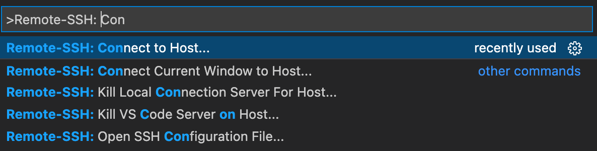 This figure shows the command palette field in VS Code. The field
    contains the text Remote-SSH.