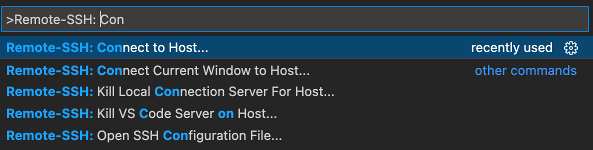 This figure shows the command palette field in VS Code. The field
contains the text Remote-SSH.