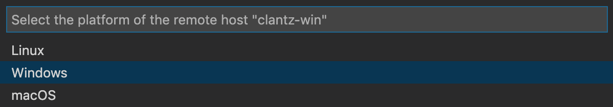 This figure shows a dropdown menu in VS Code to select the type of
    server. The options include Windows, Linux, and macOS.